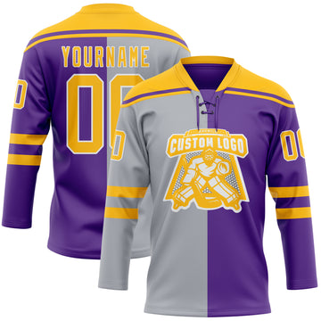 Custom Purple Gold Gray-White Split Fashion Hockey Lace Neck Jersey