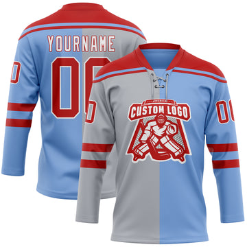 Custom Powder Blue Red Gray-White Split Fashion Hockey Lace Neck Jersey