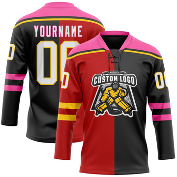Custom Black White Red Pink-Yellow Split Fashion Hockey Lace Neck Jersey