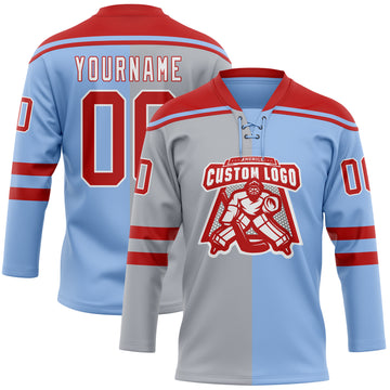 Custom Light Blue Red Gray-White Split Fashion Hockey Lace Neck Jersey