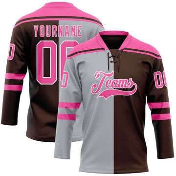 Custom Brown Pink Gray-White Split Fashion Hockey Lace Neck Jersey