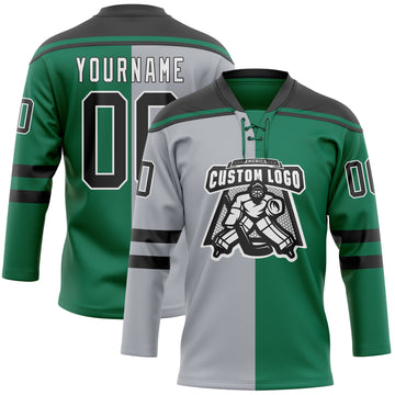 Custom Kelly Green Black Gray-White Split Fashion Hockey Lace Neck Jersey