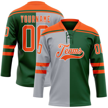Custom Green Orange Gray-White Split Fashion Hockey Lace Neck Jersey
