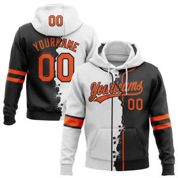 Custom Black Orange-White Split Ripped Pattern Baseball Pullover Sweatshirt Hoodie