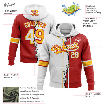 Custom Red White-Gold Split Ripped Pattern Baseball Pullover Sweatshirt Hoodie