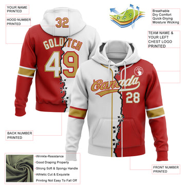 Custom Red White-Old Gold Split Ripped Pattern Baseball Pullover Sweatshirt Hoodie
