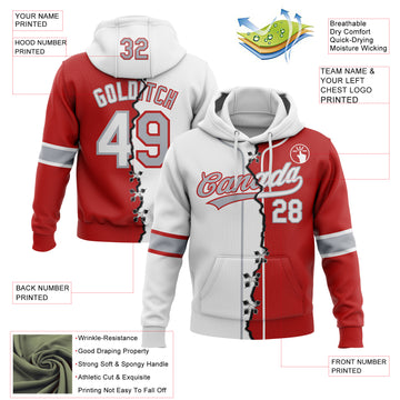 Custom Red White-Gray Split Ripped Pattern Baseball Pullover Sweatshirt Hoodie