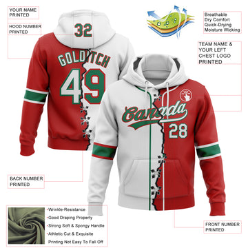 Custom Red White-Kelly Green Split Ripped Pattern Baseball Pullover Sweatshirt Hoodie
