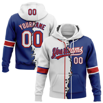 Custom Royal White-Red Split Ripped Pattern Baseball Pullover Sweatshirt Hoodie
