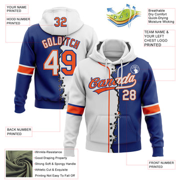 Custom Royal White-Orange Split Ripped Pattern Baseball Pullover Sweatshirt Hoodie