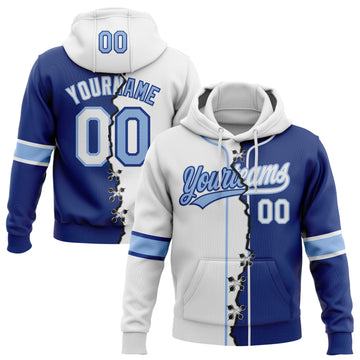 Custom Royal White-Light Blue Split Ripped Pattern Baseball Pullover Sweatshirt Hoodie