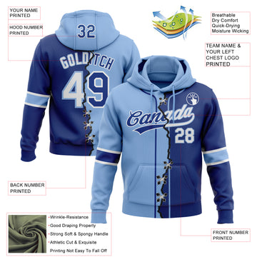 Custom Royal White-Light Blue Split Ripped Pattern Baseball Pullover Sweatshirt Hoodie