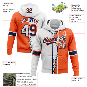 Custom Orange White-Navy Split Ripped Pattern Baseball Pullover Sweatshirt Hoodie