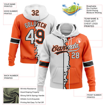 Custom Orange White-Black Split Ripped Pattern Baseball Pullover Sweatshirt Hoodie