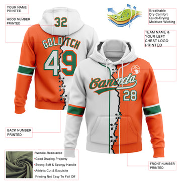 Custom Orange White-Kelly Green Split Ripped Pattern Baseball Pullover Sweatshirt Hoodie