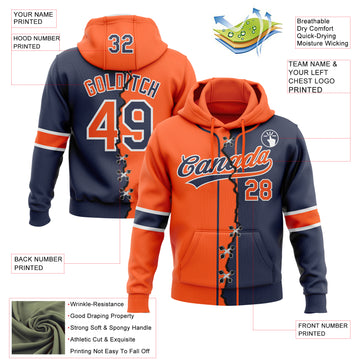 Custom Navy Orange-White Split Ripped Pattern Baseball Pullover Sweatshirt Hoodie
