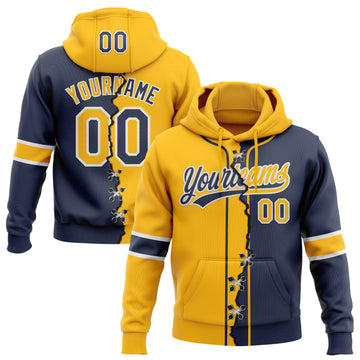 Custom Navy Gold-White Split Ripped Pattern Baseball Pullover Sweatshirt Hoodie