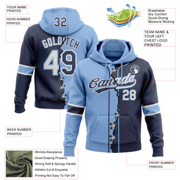 Custom Navy White-Light Blue Split Ripped Pattern Baseball Pullover Sweatshirt Hoodie