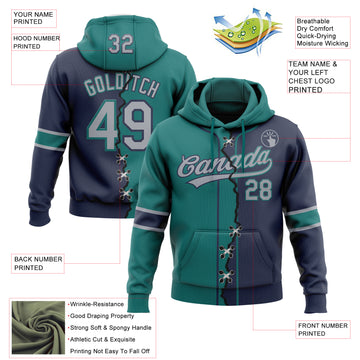 Custom Navy Gray-Teal Split Ripped Pattern Baseball Pullover Sweatshirt Hoodie
