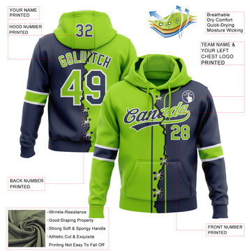 Custom Navy Neon Green-White Split Ripped Pattern Baseball Pullover Sweatshirt Hoodie