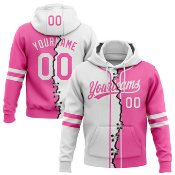 Custom Pink-White Split Ripped Pattern Baseball Pullover Sweatshirt Hoodie