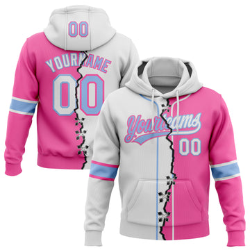 Custom Pink White-Light Blue Split Ripped Pattern Baseball Pullover Sweatshirt Hoodie