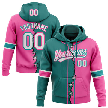 Custom Pink White-Teal Split Ripped Pattern Baseball Pullover Sweatshirt Hoodie
