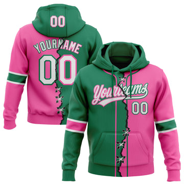 Custom Pink White-Kelly Green Split Ripped Pattern Baseball Pullover Sweatshirt Hoodie
