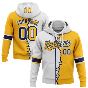 Custom Gold Navy-White Split Ripped Pattern Baseball Pullover Sweatshirt Hoodie