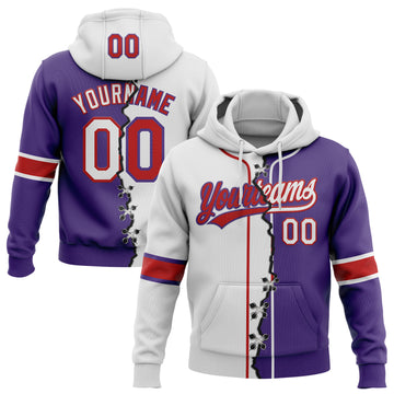 Custom Purple White-Red Split Ripped Pattern Baseball Pullover Sweatshirt Hoodie