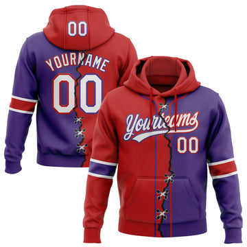 Custom Purple White-Red Split Ripped Pattern Baseball Pullover Sweatshirt Hoodie