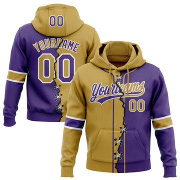 Custom Purple Old Gold-White Split Ripped Pattern Baseball Pullover Sweatshirt Hoodie