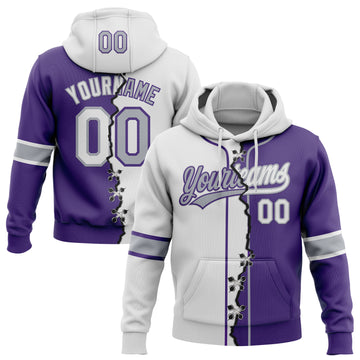 Custom Purple White-Gray Split Ripped Pattern Baseball Pullover Sweatshirt Hoodie