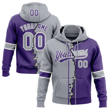 Custom Purple Gray-White Split Ripped Pattern Baseball Pullover Sweatshirt Hoodie