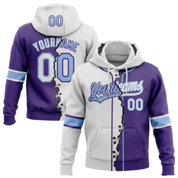 Custom Purple White-Light Blue Split Ripped Pattern Baseball Pullover Sweatshirt Hoodie