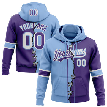Custom Purple White-Light Blue Split Ripped Pattern Baseball Pullover Sweatshirt Hoodie