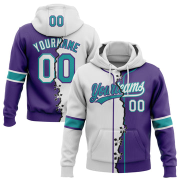 Custom Purple White-Teal Split Ripped Pattern Baseball Pullover Sweatshirt Hoodie