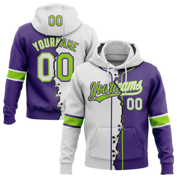 Custom Purple White-Neon Green Split Ripped Pattern Baseball Pullover Sweatshirt Hoodie