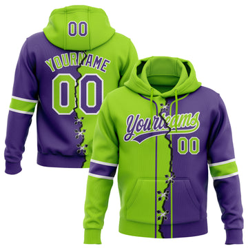 Custom Purple Neon Green-White Split Ripped Pattern Baseball Pullover Sweatshirt Hoodie