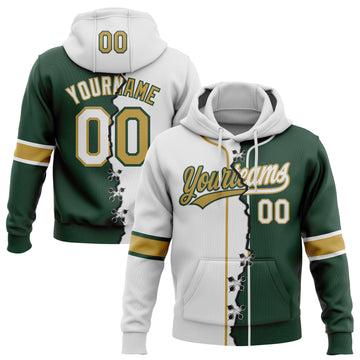 Custom Green White-Old Gold Split Ripped Pattern Baseball Pullover Sweatshirt Hoodie