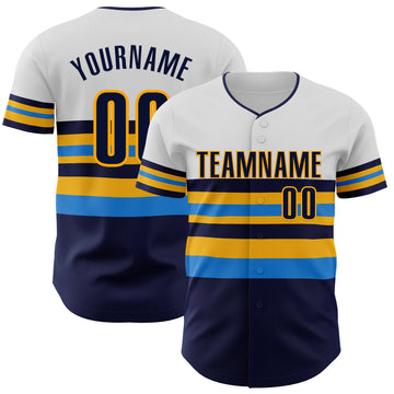 Custom White Navy Electric Blue-Gold Block Stripes Lines Tampa Bay Style Authentic Baseball Jersey