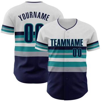 Custom White Navy Gray-Teal Block Stripes Lines Seattle Style Authentic Baseball Jersey