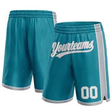 Custom Teal White-Gray Authentic Basketball Shorts