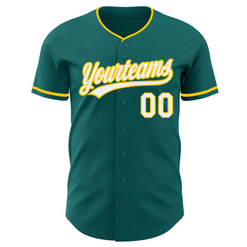 Custom Teal White-Yellow Authentic Baseball Jersey