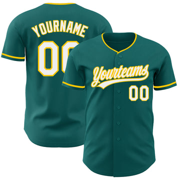 Custom Teal White-Yellow Authentic Baseball Jersey