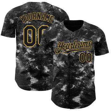 Custom Tie Dye Black-Old Gold 3D Authentic Baseball Jersey