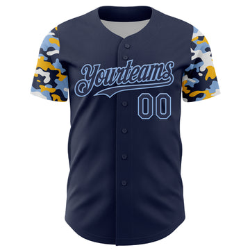 Custom Navy Light Blue Gold-White Digital Camo Two Tone Authentic Baseball Jersey