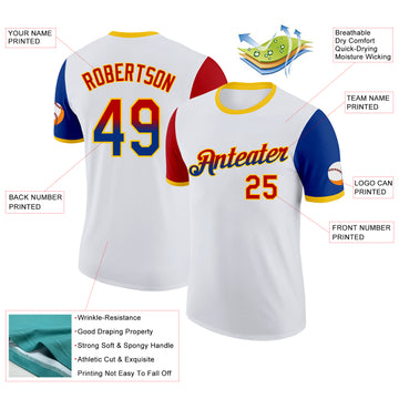 Custom White Red Royal-Yellow Gradient Two Tone Performance T-Shirt
