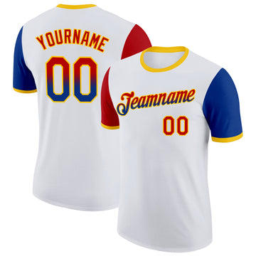 Custom White Red Royal-Yellow Gradient Two Tone Performance T-Shirt