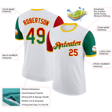 Custom White Red Kelly Green-Yellow Gradient Two Tone Performance T-Shirt